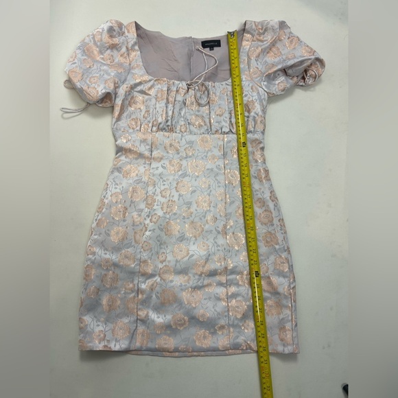 Majorelle Baby Blue Puff Sleeve Mini Dress with Peach Floral Print. Size Small - Picture 5 of 10